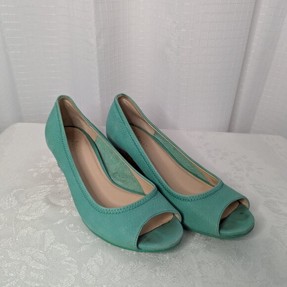 Cole Haan Turquoise  Peep Toe Wedges , Suede Leather, Size 7B - Picture 1 of 5